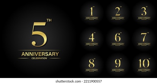 Set of 1st-10th anniversary celebration emblem with gold color and black background. Vector design for celebrations, invitation cards and greeting cards.	