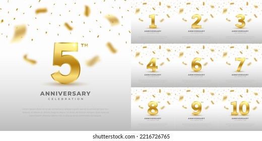 Conjunto de emblema de la celebración del 1° y 10° aniversario con color de brillo dorado y fondo blanco. Diseño de vectores para celebraciones, tarjetas de invitación y tarjetas de felicitación.