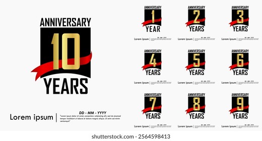 Set of 1st-10th anniversary celebration emblem. elegant golden anniversary logo isolated with red ribbon on white background. vector illustration template design for web, flyers, poster, greeting card