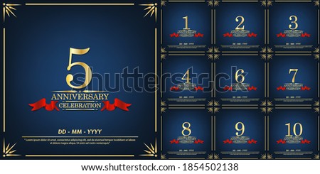 set of 1st-10th anniversary celebration emblem. anniversary elegance golden logo with red ribbon on blue background, template design for web, poster, leaflet, flyer, greeting card and invitation card