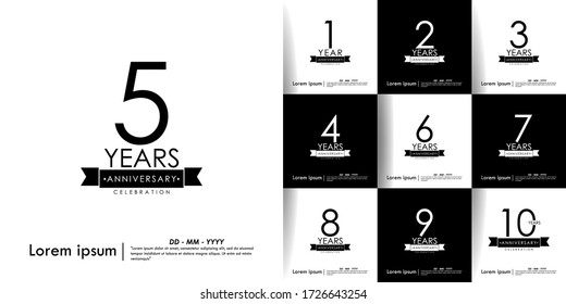 set of 1st-10th anniversary celebration logo isolated with ribbon on black & white background. vector illustration template design for web, flyers, leaflet, poster, invitation card or greeting card