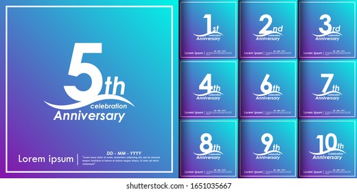 set of 1st-10th anniversary celebration logotype with violet and blue background, vector illustration template design for leaflet, flyer, brochure, poster, web, invitation card or greeting card