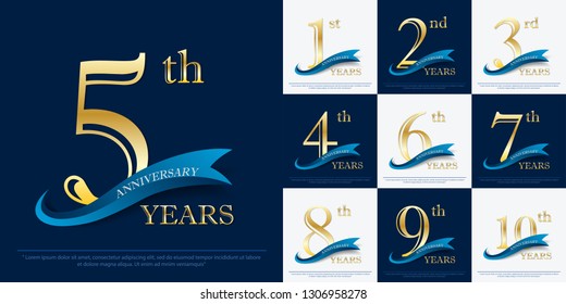 set of 1st-10th elegance golden anniversary celebration emblem with blue ribbon, anniversary logo design for web, game, poster, booklet, leaflet, flyer, magazine, greeting card and invitation card