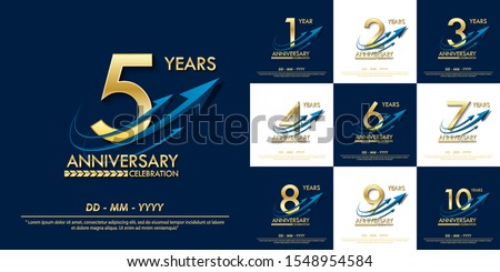 set of 1st-10th elegance golden anniversary celebration emblem. anniversary elegance golden logo with blue arrow ribbons design for web, game, poster, booklet, leaflet, flyer, magazine, greeting card 