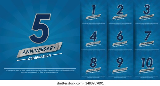 set of 1st-10th elegance silver anniversary celebration emblem with ribbon on blue background. anniversary logo design for web, poster, booklet, leaflet, magazine, greeting card and invitation card