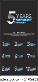set of 1st-10th years anniversary celebration emblem. anniversary elegance silver logo isolated with blue ribbon, vector illustration template design for celebration greeting card and invitation card