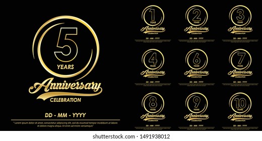 set of 1st-10th years anniversary celebration emblem. anniversary logo with elegance of golden ring on black background, vector illustration design for celebration greeting card and invitation card