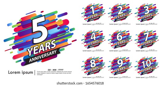 set of 1st-10th years anniversary celebration emblem. white anniversary logo with colorful rounded lines. vector illustration template design for web, flyers, poster, greeting card & invitation card