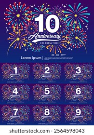 Set of 1st-10th years anniversary celebration emblem. anniversary logo isolated with ribbon, sparkle, twinkle fireworks and stars. vector illustration template design for web, flyers, poster, greeting