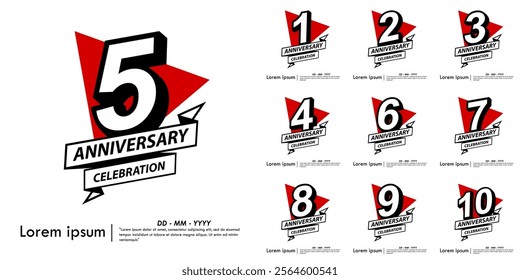 Set of 1st-10th years anniversary celebration emblem. black anniversary logo isolated with ribbon and red triangle on white background. vector illustration template design