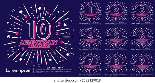 Set of 1st-10th years anniversary celebration emblem. anniversary logo isolated with fireworks and stars sparkle glittering background. vector illustration template design 