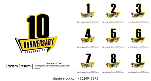 Set of 1st-10th years anniversary celebration emblem. anniversary logo isolated with speech ribbon on white background. vector illustration template design for web, flyers, poster, greeting card