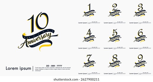 Set of 1st-10th years anniversary celebration emblem. elegant anniversary logo isolated with ribbon on white background. vector illustration template design for web, flyers, poster, greeting card