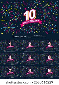 Set of 1st-10th years anniversary celebration emblem. congratulations anniversary logo isolated with colorful fireworks and stars sparkle and ribbon. vector illustration template design