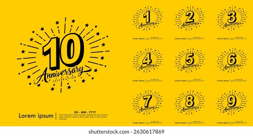 Set of 1st-10th years anniversary celebration emblem. congratulations anniversary logo isolated with ribbon and starburst on yellow background. vector illustration template design