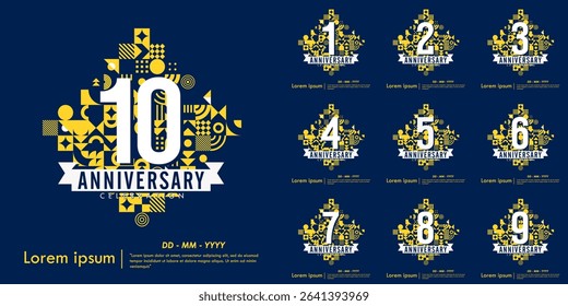 Set of 1st-10th years anniversary celebration emblem. congratulations anniversary logo isolated with ribbon and fireworks sparkle on blue background. vector illustration template design for web