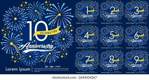 Set of 1st-10th years anniversary celebration emblem. congratulations anniversary logo isolated with yellow ribbon and fireworks sparkle on blue background. vector illustration template design for web