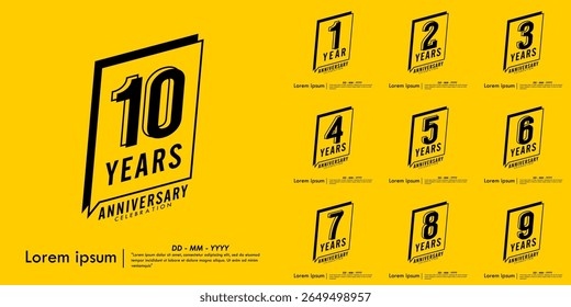 Set of 1st-10th years anniversary celebration emblem. congratulations anniversary black logo isolated with speech ribbon badge on yellow background. vector illustration template design for web banner.