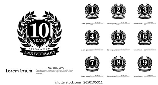 Set of 1st-10th years anniversary celebration emblem. congratulations anniversary black logo isolated with laurel wreath and ribbon and frame. vector illustration template design for web banner