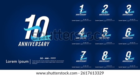 Set of 1st-10th years anniversary celebration emblem. elegant anniversary logo isolated with blue ribbon on dark blue background. vector illustration template design for web, flyers, poster, greeting