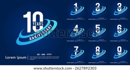 Set of 1st-10th years anniversary celebration emblem. elegant anniversary logo isolated with blue oval ring on dark blue background. vector illustration template design