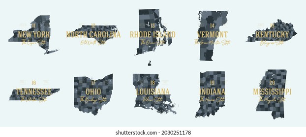 Set 2 of 5 Division United States into counties, political and geographic subdivisions of a states, Highly detailed vector maps with names and territory nicknames svg