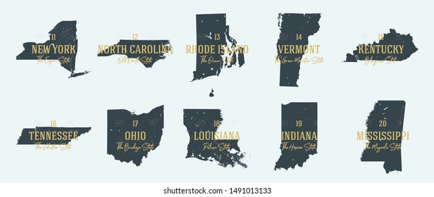 Set 2 of 5 Highly detailed vector silhouettes of USA state maps with names and territory nicknames