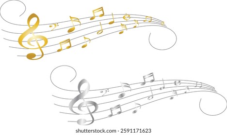 Set of 2 abstract clef and music notes along a musical stave in 3D space, gold and silver version included, transparent background