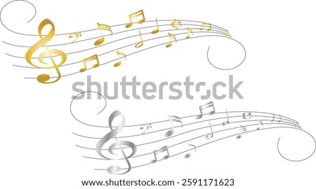 Set of 2 abstract clef and music notes along a musical stave in 3D space, gold and silver version included, transparent background
