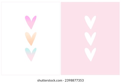 Conjunto de 2 impresiones de vectores de Doodle abstractos con corazones pequeños. Impresión Girly Hand Drawn. Ilustración romántica suave con símbolo de amor colorido y blanco aislado en un fondo rosa blanco y pastel. RGB.