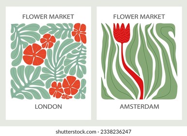 Set of 2 abstract floral posters. Flower Market wall arts with trendy design. Botanical, minimalist, modern naive flat hippie groovy funky interior decorations, paintings. Vector illustration EPS 10