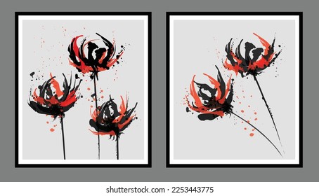 Set of 2 abstract flower red and black creative minimalist hand painted illustrations for wall decoration, postcard or brochure design. Vector EPS10. dark, ink white beige illustration elements.