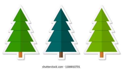 Set 2 of abstract geometric coniferous trees stickers with three shades of green. Vector EPS 10