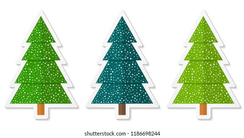 Set 2 of abstract geometric coniferous trees stickers with snow. Three shades of green. Vector EPS 10
