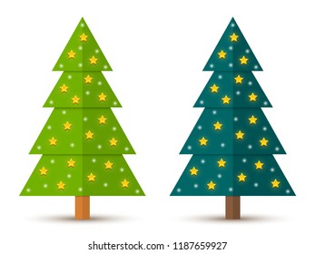 Set 2 of abstract geometric decorated coniferous trees with stars. Two shades of green. Vector EPS 10