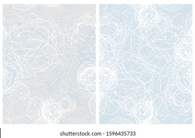 Set of 2 Abstract Geometric Patterns. Irregular Hand Drawn Scribbles on Light Gray and Light Blue Background. Funny Simple Creative Design. Infantile Style Messy Freehand Lines Print.