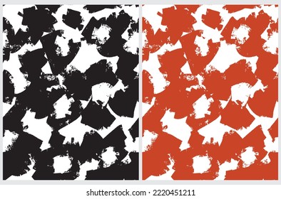 Set of 2 Abstract Geometric Seamless Vector Patterns. Simple Chaotic Design. Black and Red Brush Stains on a White Background.Irregular Infantile Style Print with Messy Scribbles.