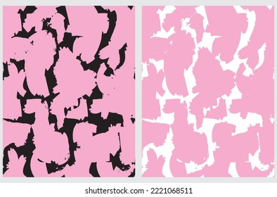 Set of 2 Abstract Geometric Seamless Vector Patterns. Simple Chaotic Design. Pastel Pink Brush Stains on a White and Black Background.Irregular Infantile Style Print with Messy Scribbles.