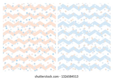 Set of 2 Abstract Geometric Vector Pattern. Pink, Blue, Beige and Gray Chevron and Dots on a White Background. Cute Simple Repeatable Geometric Layouts. Pastel Color Art with Zigzags and Dots.