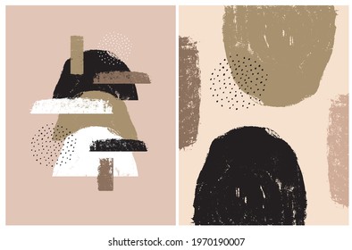 Set of 2 Abstract Geometric Vector Illustration. White, Green and Black Grunge Semi Circles, Spots and Lines Isolated on a Light Brown Background. Simple Minimalist Hand Drawn Arts. 