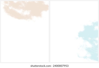 Set of 2 Abstract Grunge Vector Layouts with Pastel Blue and Beige Paint Stains on a White Background. Ice Blue and Lighr Brown Stains and Splatter Print Set. Rgb. Blanks with Grunge Borders.