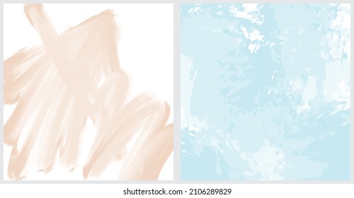 Set of 2 Abstract Painting Style Vector Layouts. Light Blue and Beige Paint Stains and Scribbles on a White Background. Pastel Color Irregular Bush Smudges Print.