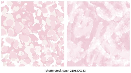 Set of 2 Abstract Painting Style Vector Layouts. Light Pink Paint Stains and Scribbles on a White Background. Pastel Color Irregular Bush Smudges Print.