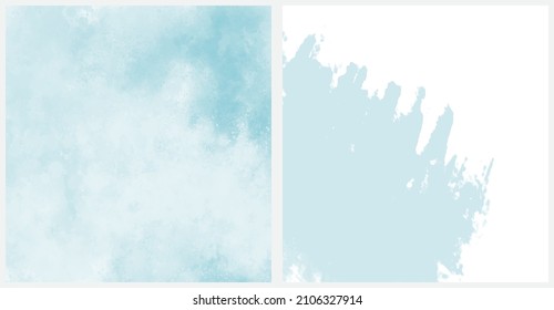  Set of 2 Abstract Painting Style Vector Layouts. Light Blue Paint Stains and Scribbles on a White Background. Pastel Color Irregular Bush Smudges Print.