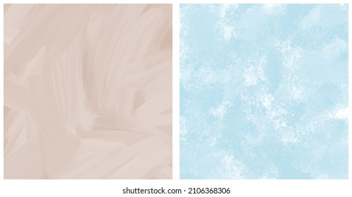  Set of 2 Abstract Painting Style Vector Layouts. Light Blue and Beige Paint Stains and Scribbles on a White Background. Pastel Color Irregular Bush Smudges Print.