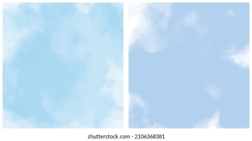 Set of 2 Abstract Painting Style Vector Layouts. Light Blue Paint Stains and Scribbles on a White Background. Pastel Color Irregular Bush Smudges Print. Abstract Sky.