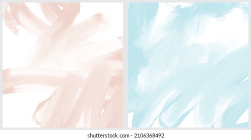 Set of 2 Abstract Painting Style Vector Layouts. Light Blue and Beige Paint Stains and Scribbles on a White Background. Pastel Color Irregular Bush Smudges Print.