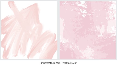  Set of 2 Abstract Painting Style Vector Layouts. Light Pink Paint Stains and Scribbles on a White Background. Pastel Color Irregular Bush Smudges Print.