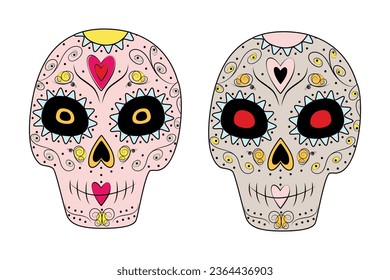 Set of 2 abstract patterned sugar skulls in trendy shades. Happy Dia de los Muertos. Mexico. Vector