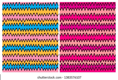 Set of 2 Abstract Seamless Irregular Vector Patterns with Hand Drawn Chevron Design. Funny Blue, Yellow, Pink and Black Zigzags Illustration.Cute Vivid Colors Infantile Style Waves Repeatable Design. 